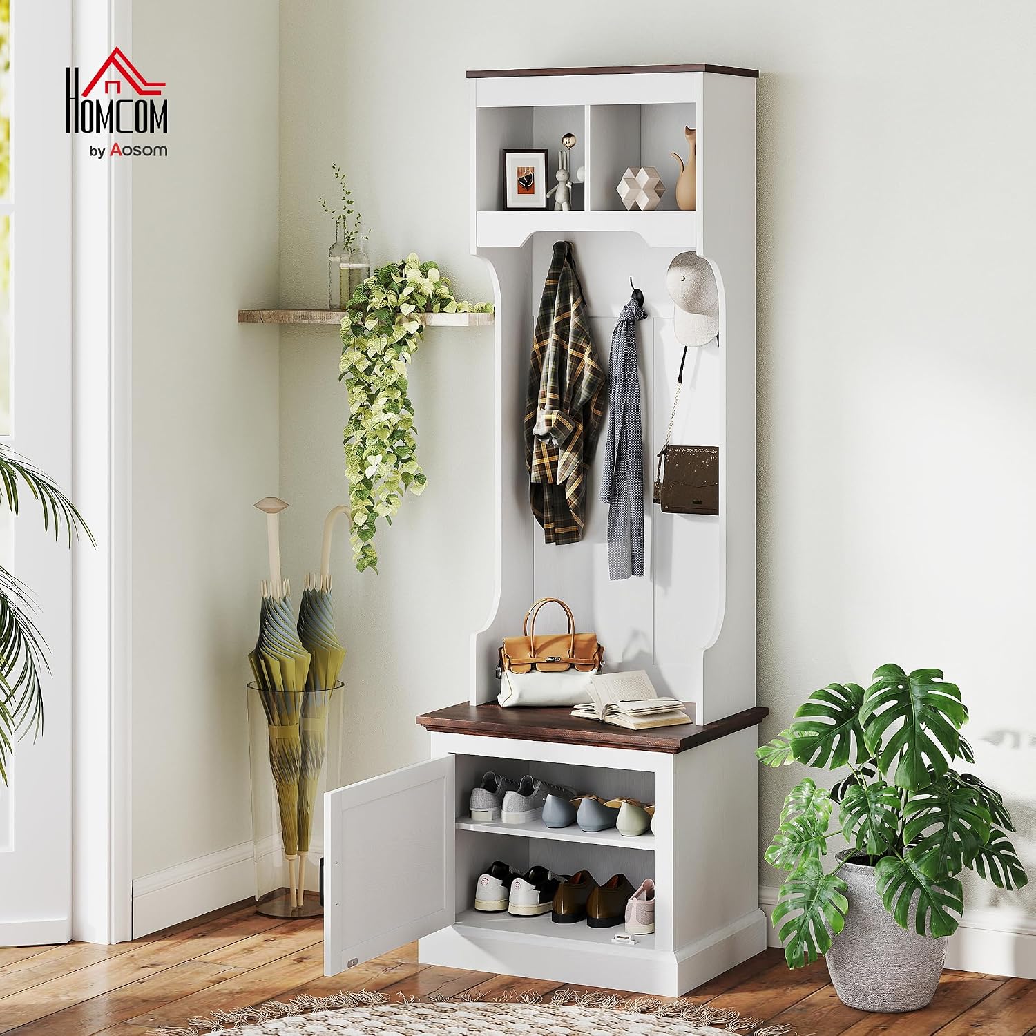 HOMCOM 3-in-1 Hall Tree with Shoe Storage, Shoe Bench, White Wood Grain | Standing Coat Rack, Entryway Furniture, Three Hooks