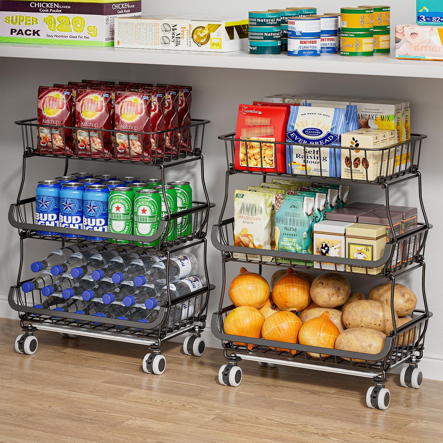 3 Tire Rolling Pantry Organizers and Storage Cart on Wheels | Metal Frame, Under Pantry Cabinet, Drip Tray, Storage for Snack, Potato, Onion, Produce, Can, Drink, Fruit and Vegetable