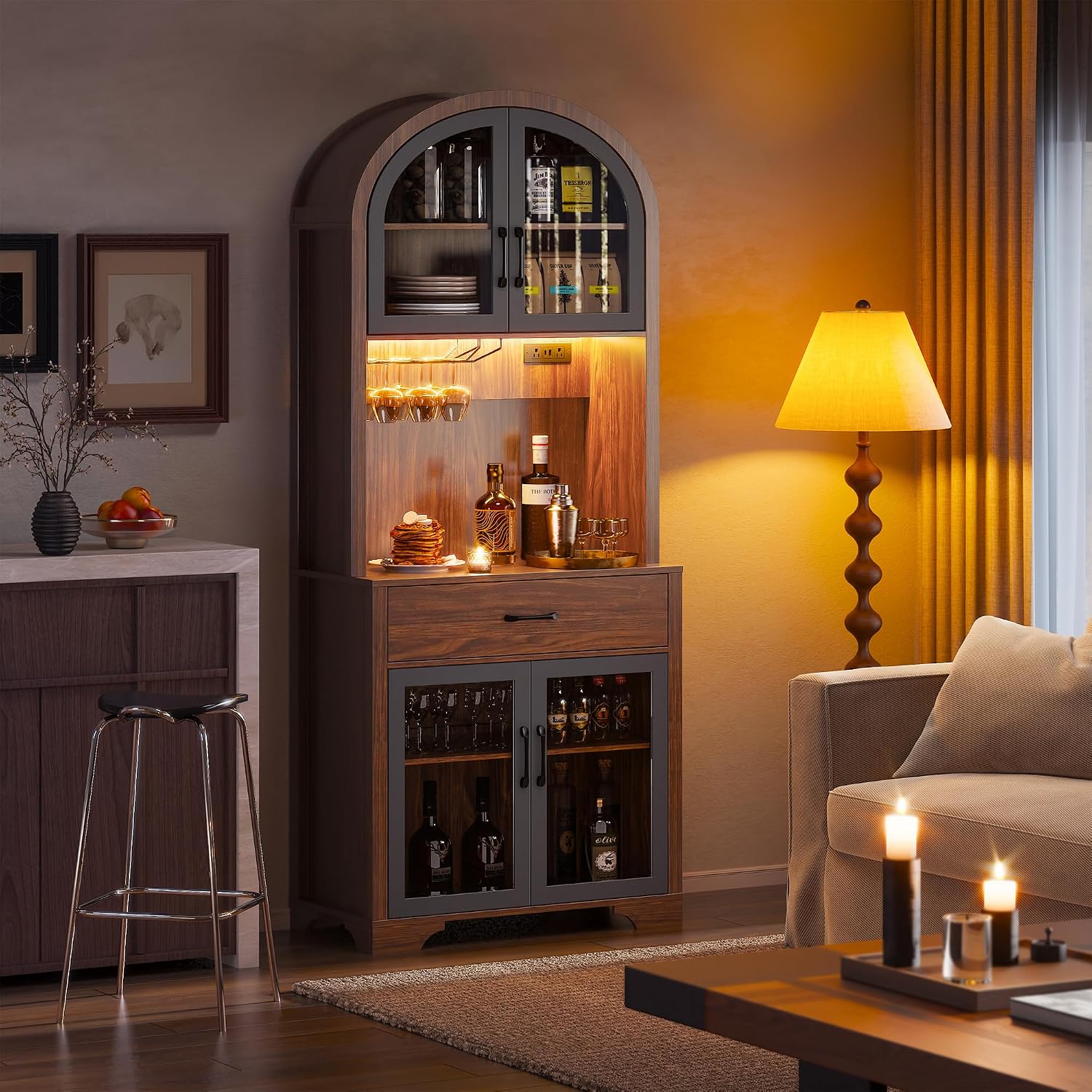 Tall Arched Kitchen Pantry Cabinet, Farmhouse Coffee Bar Cabinet with Storage, Kitchen Hutch Storage Cabinet with Countertop and Charging Station, Dining Room Kitchen Hutch Cabinet with Storage