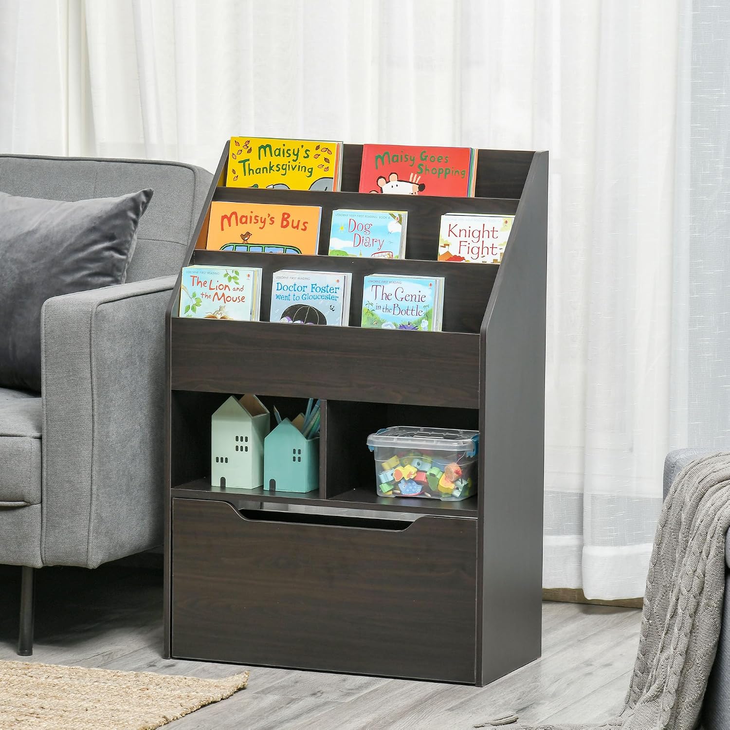 Bookcase Multi Shelf Rack Organizer with Storage Drawer for Books, Playroom, Brown