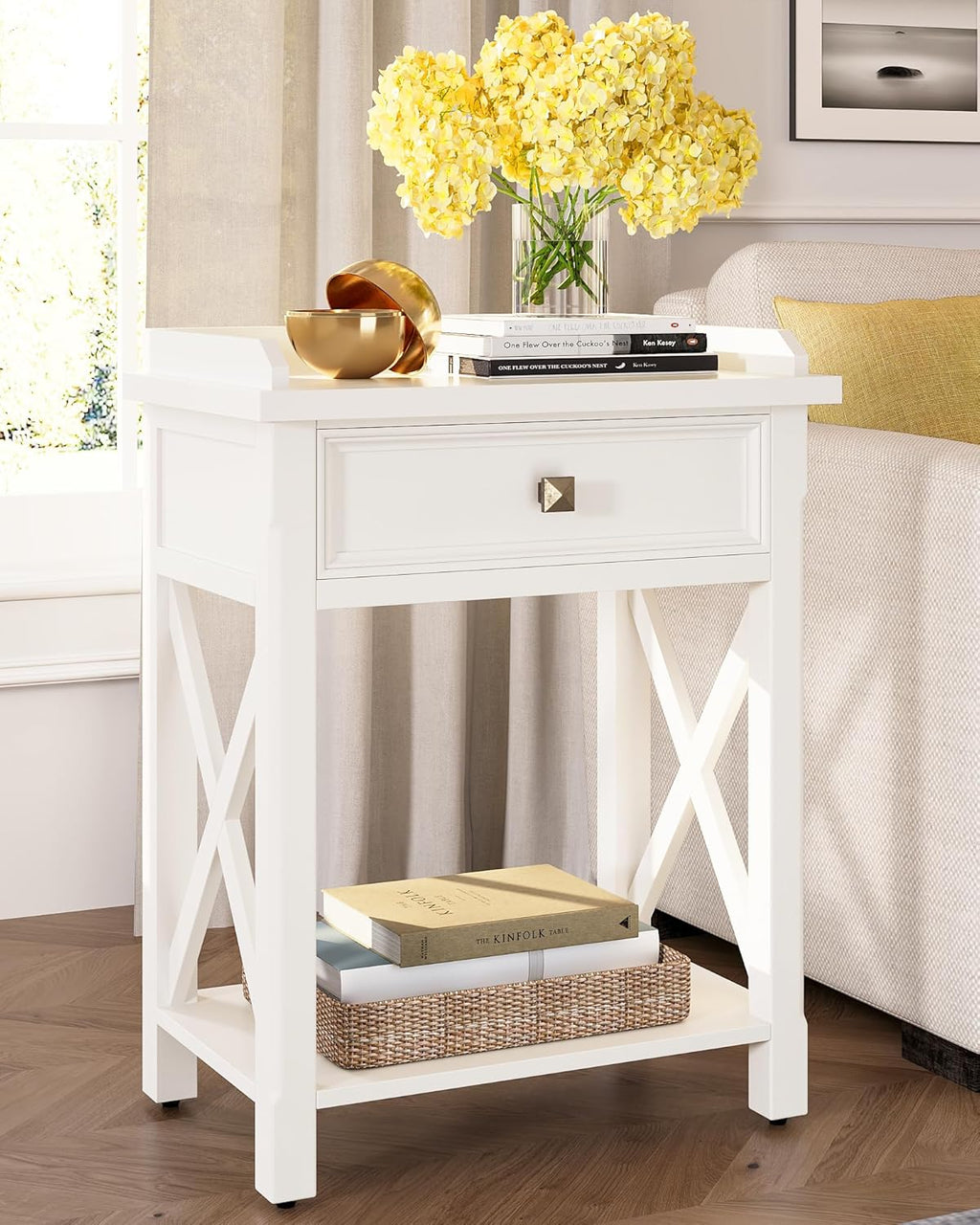 karlott 28" Nightstand with Charging Station, Solid Wood Night Stand with Pre-Assembled Drawer, Painted Bedside Table with Storage Shelf, Farmhouse End Side Table for Bedroom, Living Room, White