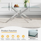 7 Piece Modern Glass Dining Table Set for 6, 60" Rectanguler Glass Kitchen Table and Velvet Tufted Chairs Set of 6, Space-Saving Kitchen Dining Room Table Set 6 for Dinette Breakfast, Silver-Grey