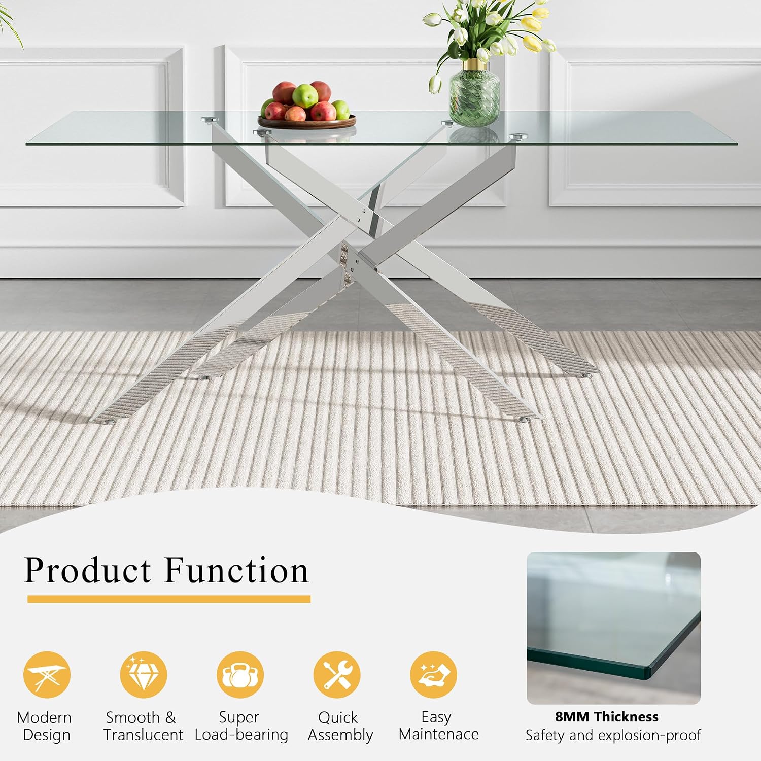 7 Piece Modern Glass Dining Table Set for 6, 60" Rectanguler Glass Kitchen Table and Velvet Tufted Chairs Set of 6, Space-Saving Kitchen Dining Room Table Set 6 for Dinette Breakfast, Silver-Grey
