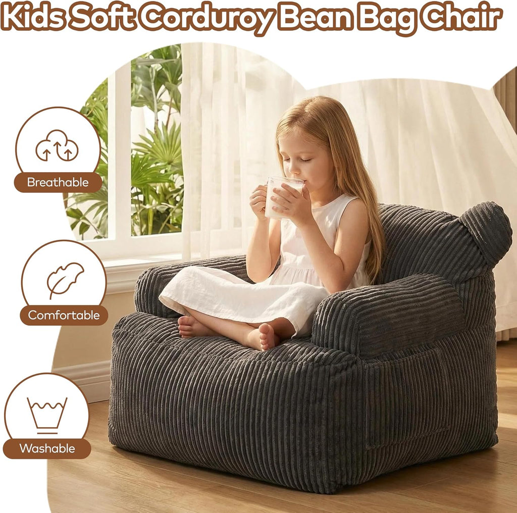 Kids Bear Ear Bean Bag Chair, Stuffed Toddler Sofa Chair with Pocket, Lazy Floor Chair for Boys and Girls, for Gaming, Reading, Nursery Playroom Bedroom