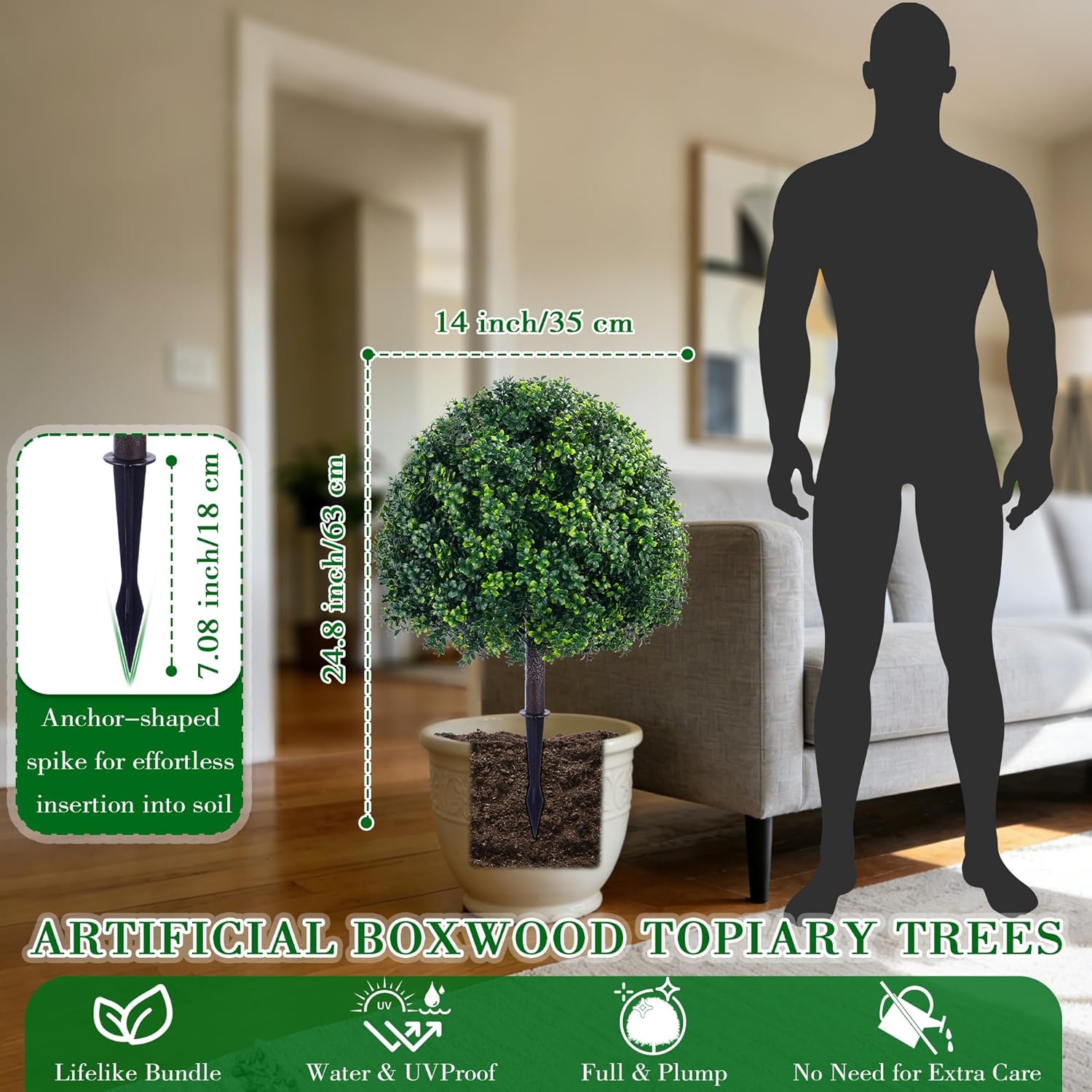24.8 Inch Artificial Boxwood Trees, 2 Sets Faux Boxwood Topiary with Spikes, Pot Filler Fake Shrubs Plants for Outdoor PlantersFront Porch Decor Round Topiary Bush Balls Home Garden Spring