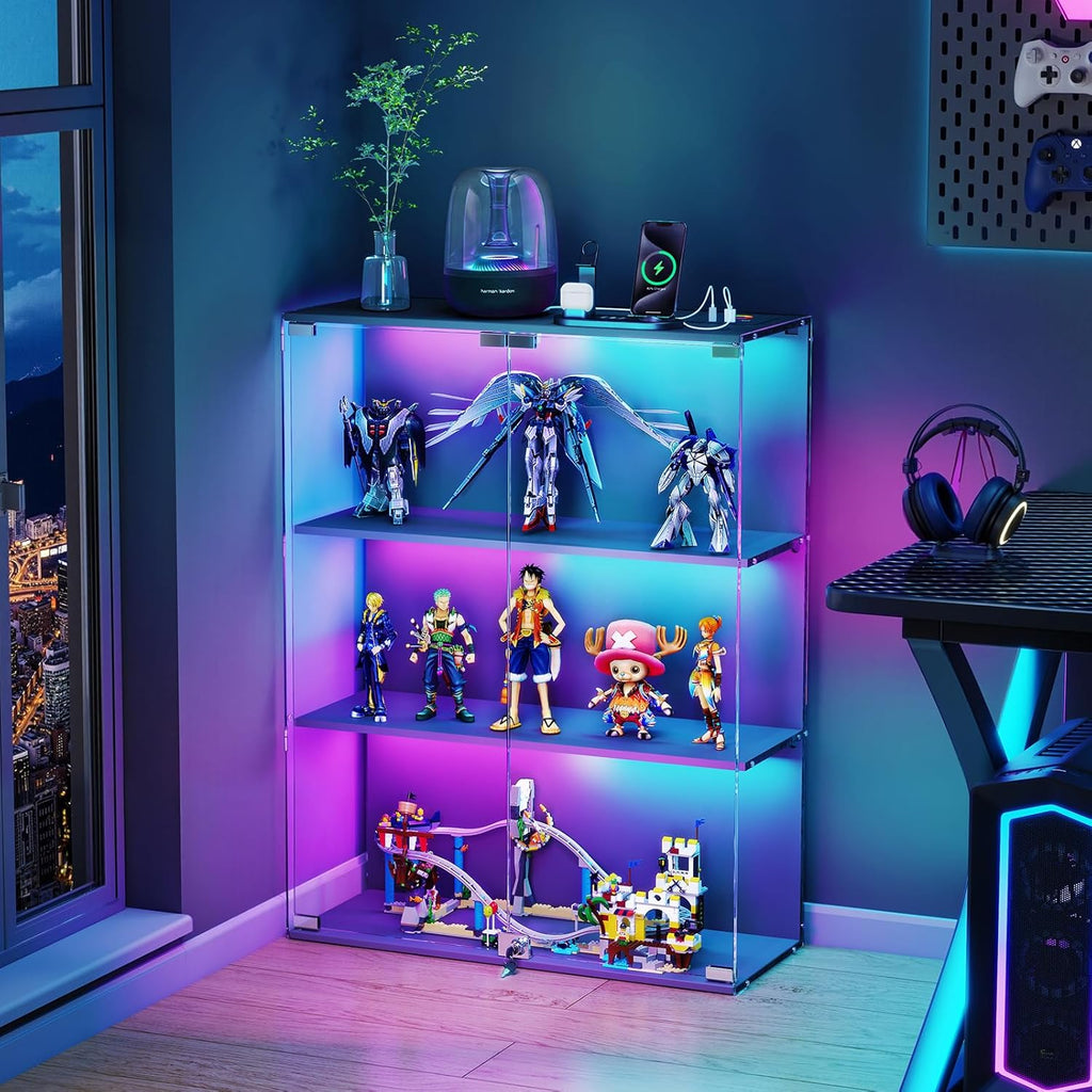 VersionTECH. Glass Display Cabinet with RGB LED Lights, Full-View Display, 3-Tier Display Case with Glass Doors for Collectibles, Cabinets with Lock, Human Sensor, Charging Station, Black