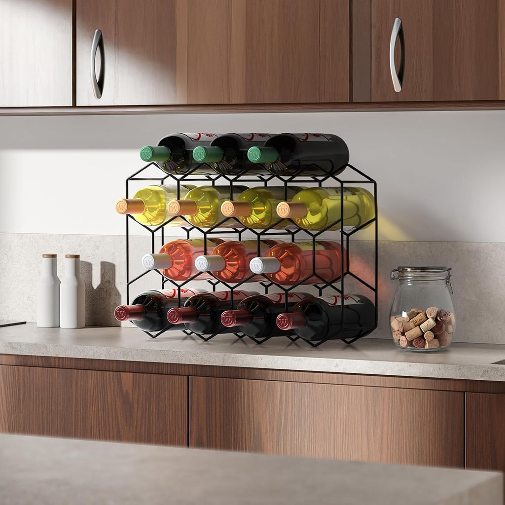 Sorbus 14 Bottle Wine Rack – Stackable Metal Wine Storage Organizer with Honeycomb Design – Cabinet, Pantry, or Bar Wine Bottle Holder – Modern Black Wine Racks Countertop - No Assembly Required