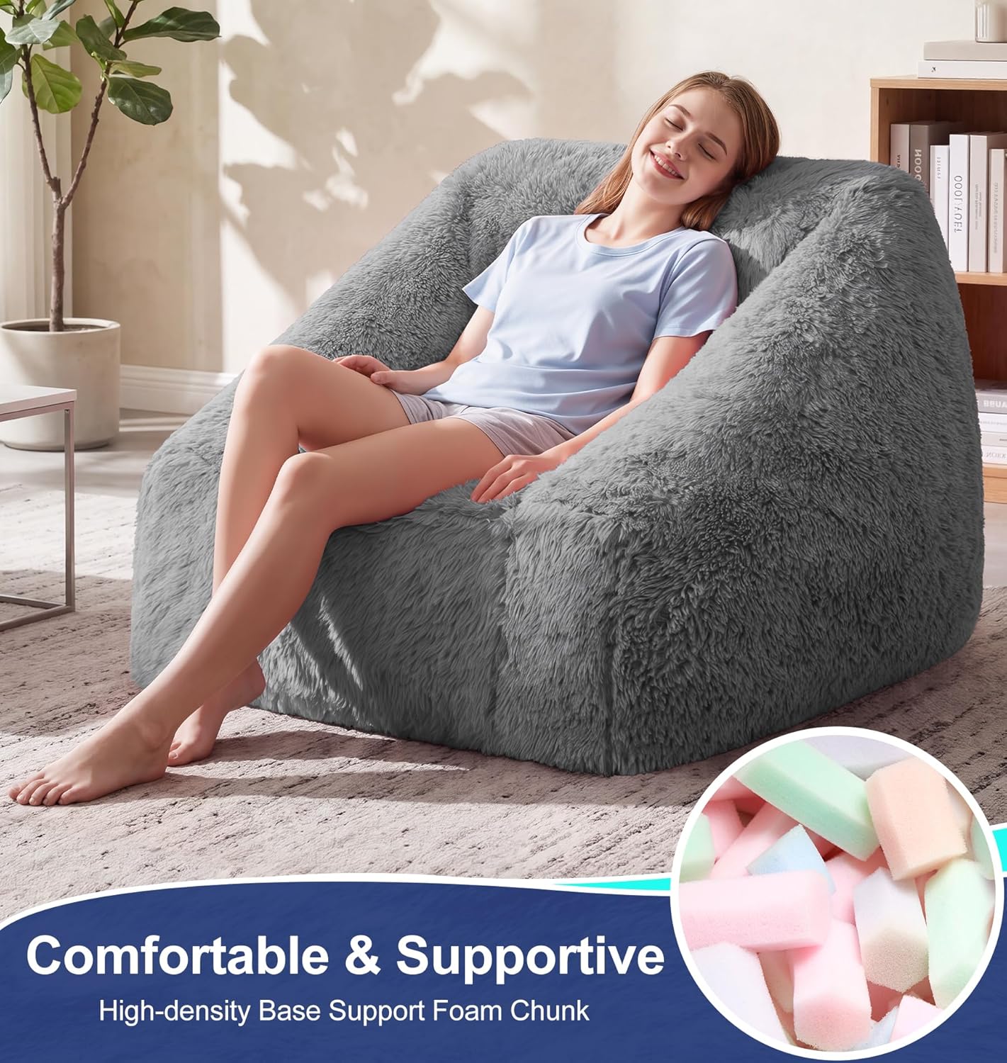 Hobestluk Bean Bag Chair Plush Accent Chair Armrest Living Room Adult Brown | Memory Foam Filled Oversized Large Cozy Comfy Plush Chair Lazy Sofa Living Room Bedroom Dorm Reading Gaming Washable cover