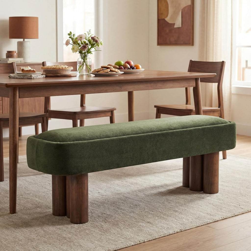Christopher Knight Home Damas 60.04" Fabric Upholstered Dining Bench, Wooden Entryway Bench, Long Sofa Footstool for Living Room, Bedroom End of Bed Bench, Olive Green+Walnut