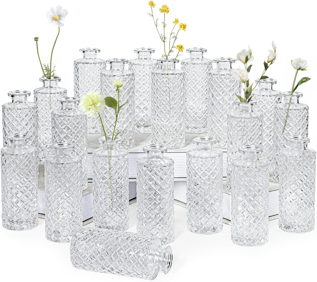 Clear Glass Bud Vase, 20 Pack Living Bud Vases, Small Diamond Bud Vases in Bulk, Mini Flowers Vases for Table Centerpiece, Office, Wedding Reception, Home Decor