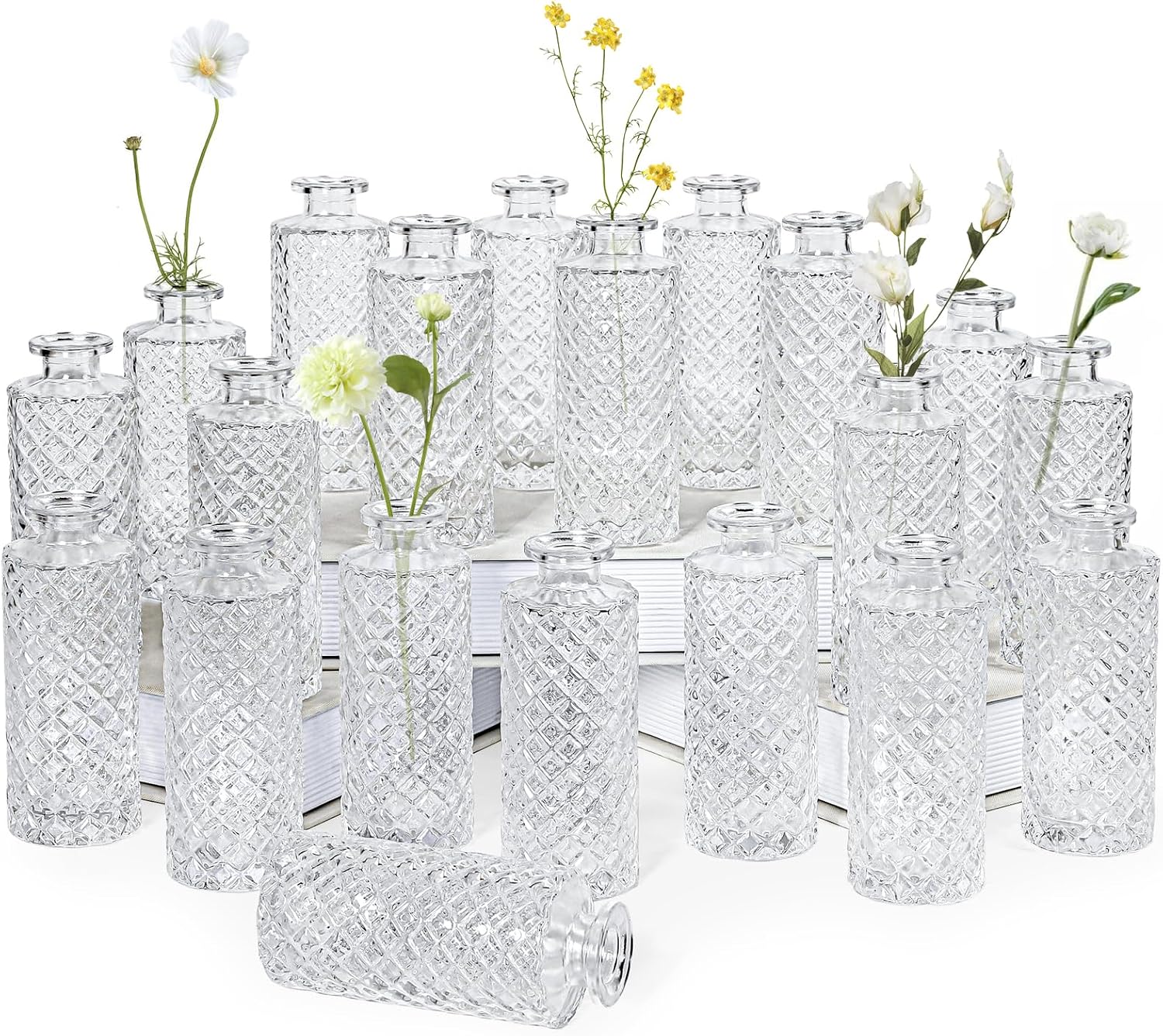 Clear Glass Bud Vase, 20 Pack Living Bud Vases, Small Diamond Bud Vases in Bulk, Mini Flowers Vases for Table Centerpiece, Office, Wedding Reception, Home Decor