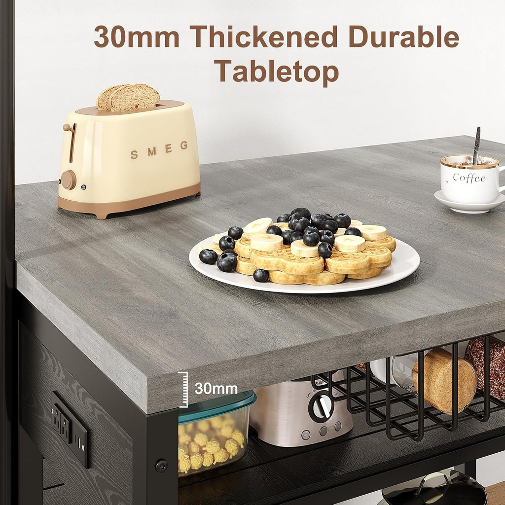 Jocoevol 46'' Kitchen Island with Storage, Bakers Rack with Storage & 3-Tier Shelves, Microwave Stand Coffee Bar Table with Hooks, Industrial Kitchen Island Table for Dining Living Room, Grey