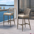 PURPLE LEAF Patio Bar Stools 28" H Set of 4 Handwoven Wicker Bar Height Stool Modern Aluminum High Bar Chairs Outdoor Wicker Barstools with Back and Khaki Cushion for Kitchen Pool Island