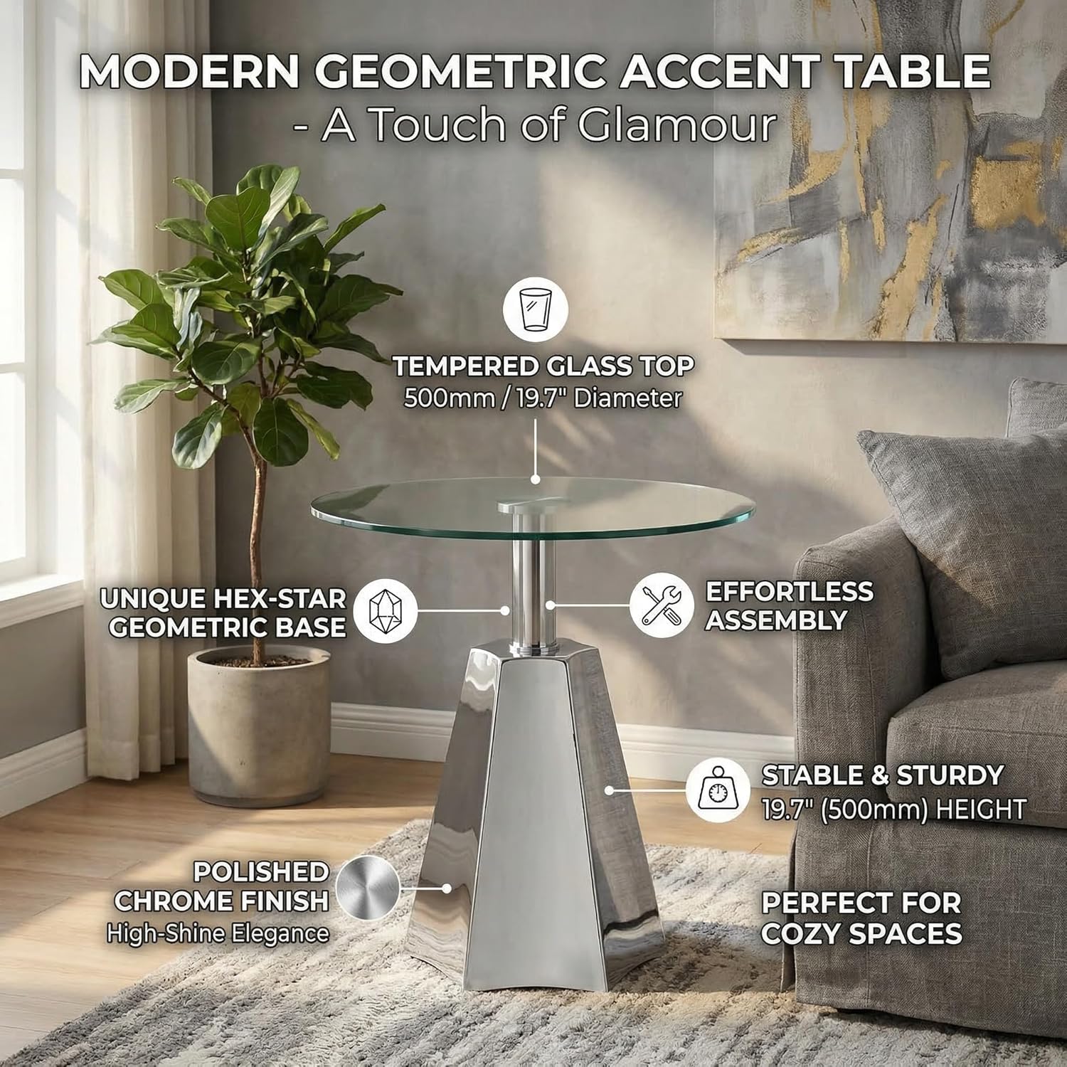 FT Global Round Glass Side Table, 19.7" Clear Tempered Glass Top with Chrome Polished Stainless Steel Base, Tool-Free Assembly Modern Accent