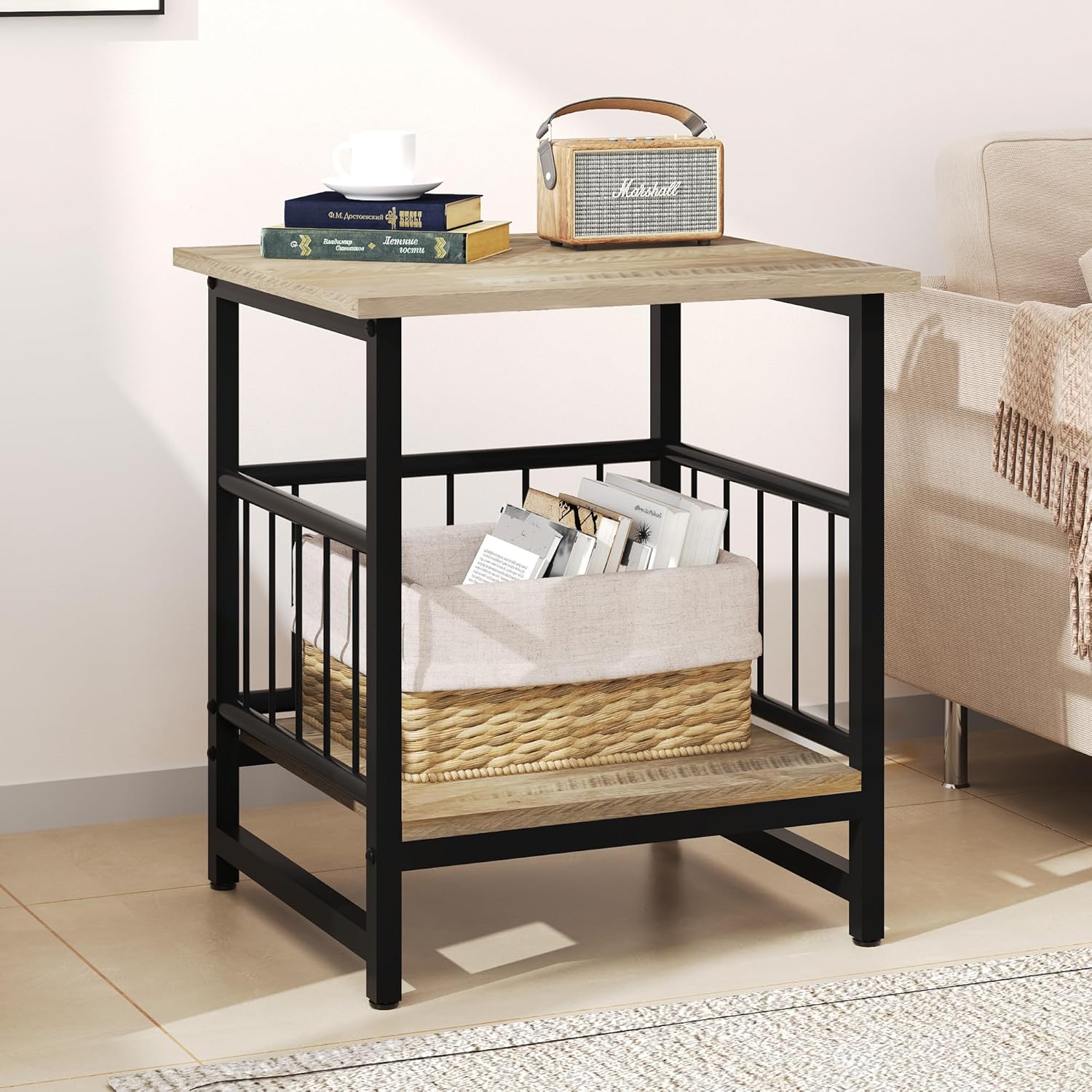 EazeHome 18" Square End Table with Storage Shelf, 2 Tier Rustic Side Table Nightstand for Living Room, Bedroom, Wooden Tabletop with Metal Frame, Gray