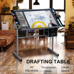 Yaheetech Drawing Desk Adjustable Glass Drafting Study Table for Diamond/Versatile Art Craft Station w/ 2 Slide Rolling Wheels and Drawers for Artist Painters Home Office