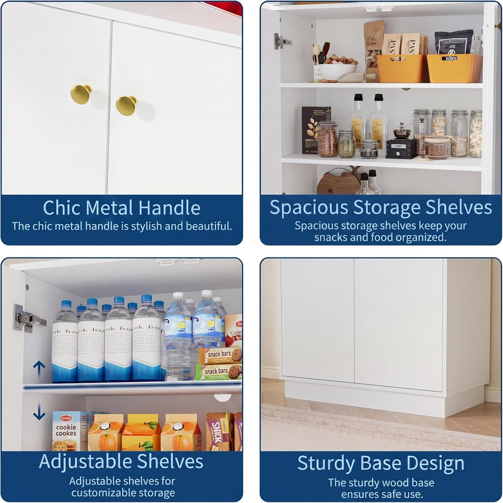 Garvee Kitchen Pantry Cabinet, 68'' Pantry Storage Cabinet with 4 Doors and 4 Adjustable Shelves, Wooden Freestanding Cupboard for Kitchen, Dining Room and Living Room and Bedroom, White