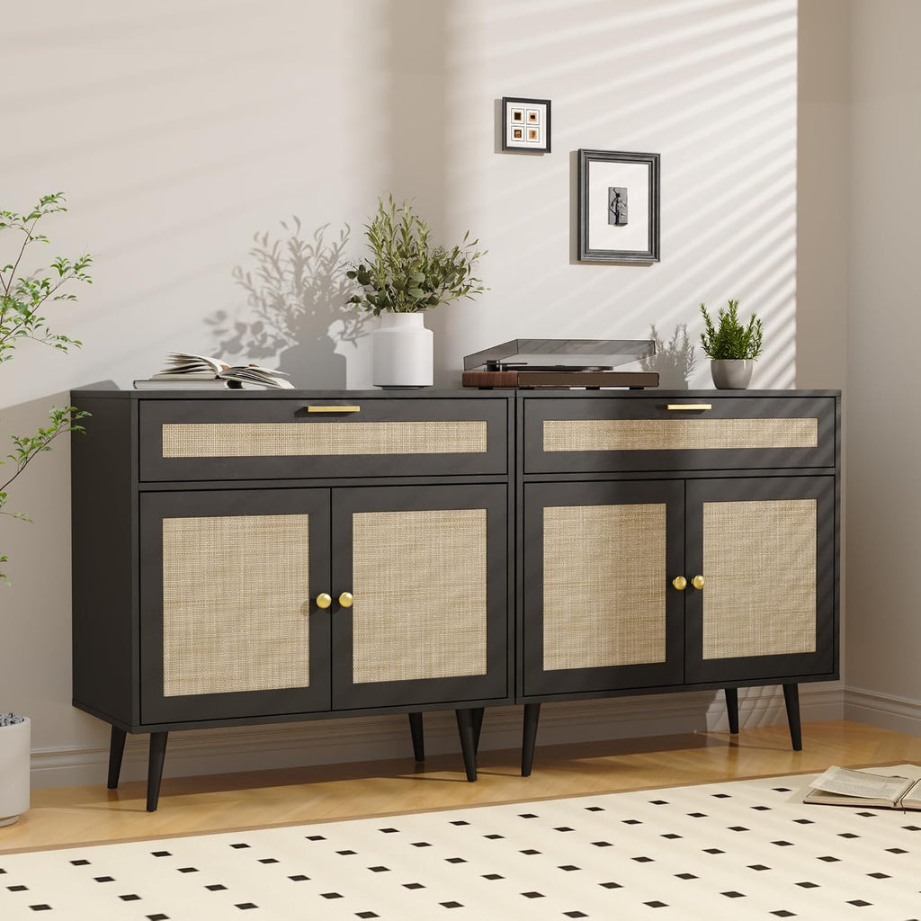 Furnify Rattan Sideboard Buffet Set of 2, Boho Kitchen Cabinet with Drawer & 2 Doors, Modern Mid Century Cabinet with Adjustable Shelf, Coffee Bar for Living Room, Entryway, Kitchen, Black