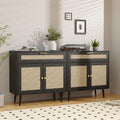Furnify Rattan Sideboard Buffet Set of 2, Boho Kitchen Cabinet with Drawer & 2 Doors, Modern Mid Century Cabinet with Adjustable Shelf, Coffee Bar for Living Room, Entryway, Kitchen, Black
