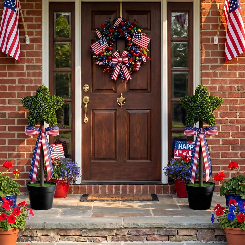2 Pack Patriotic Star Topiary Tree 21.6"-32.6'' Large Star Shaped Artificial Plant Decor for Indoor and Outdoor Patriotic 4th of July Memorial Day Garden Porch Yard Decorations