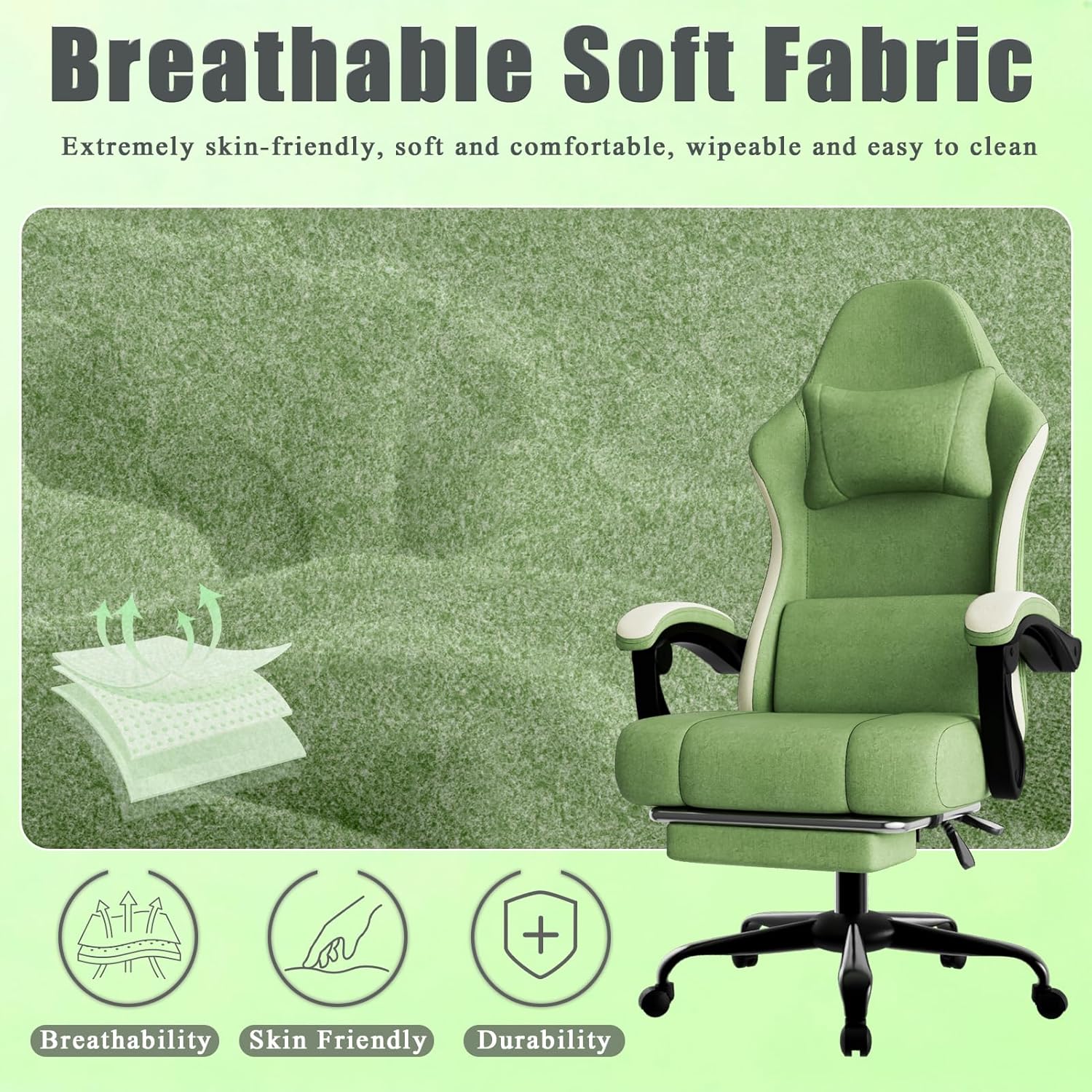 Gaming Chair, High Back Fabric Game Chair with Pocketed Spring Cushion and Footrest, Height Adjustable Computer Chair for Adults (Green)