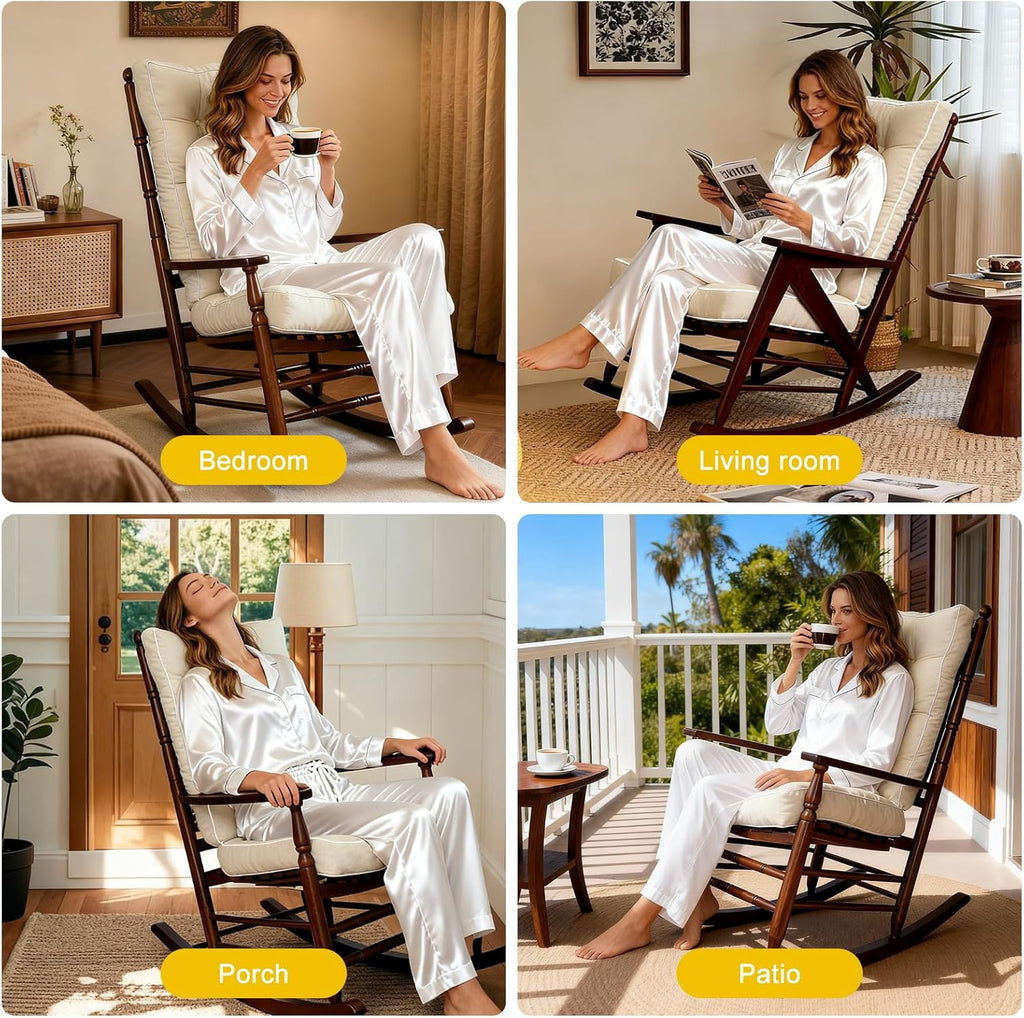 YZ HOME Rocking Chair Cushion, Set of Thicken Seat & Back Chair Cushions with Memory Foam, Non-Slip Chair Pad with Ties for for Indoor&Outdoor Rocker, Beige, 22x17x5/17x17x5
