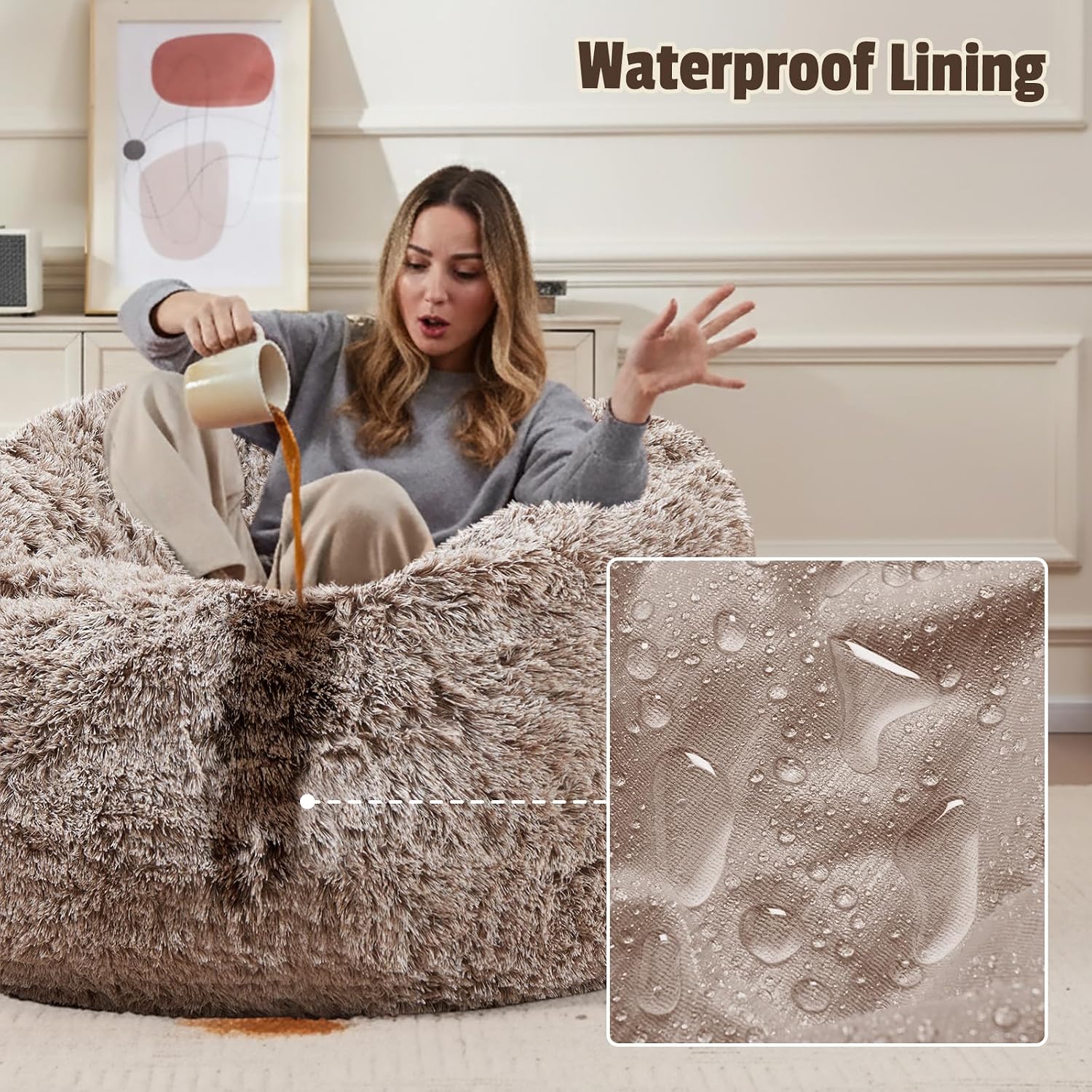 Bean Bag Cover (No Filler), Soft Faux Fur Stuffed Animal Bean Bag Storage, Fluffy Plush Bean Bag Chair Cover Washable, Comfy Bean Bag Covers for Adults Kids Teens, 38"x40" Ombre Khaki