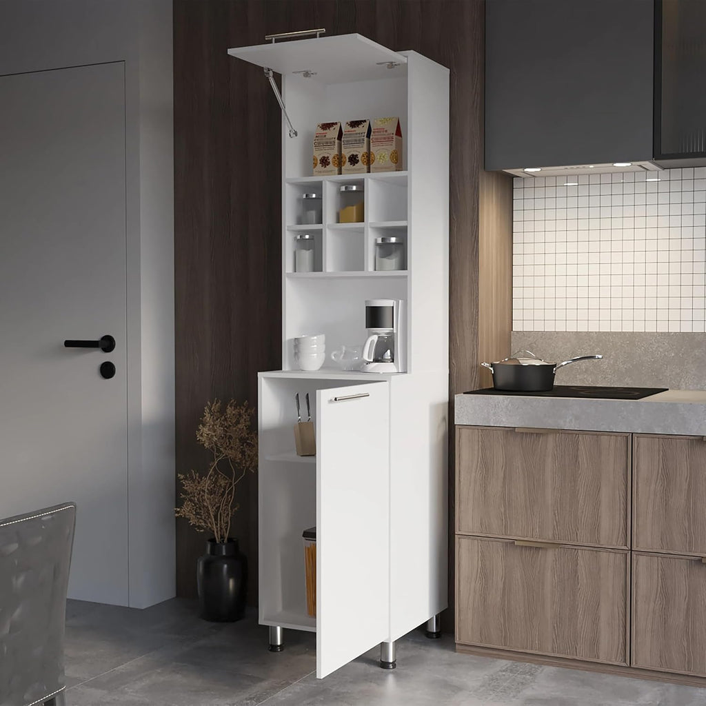 19.6"D*19.7"W*80.3"H Corner Freestanding Kitchen Pantry with Dawer, 2 Shelves & 2 Single Doors, 6 Compartments, Rectangular Wood Storage Cabinet, Modern, for Living Room, Dining Room, White
