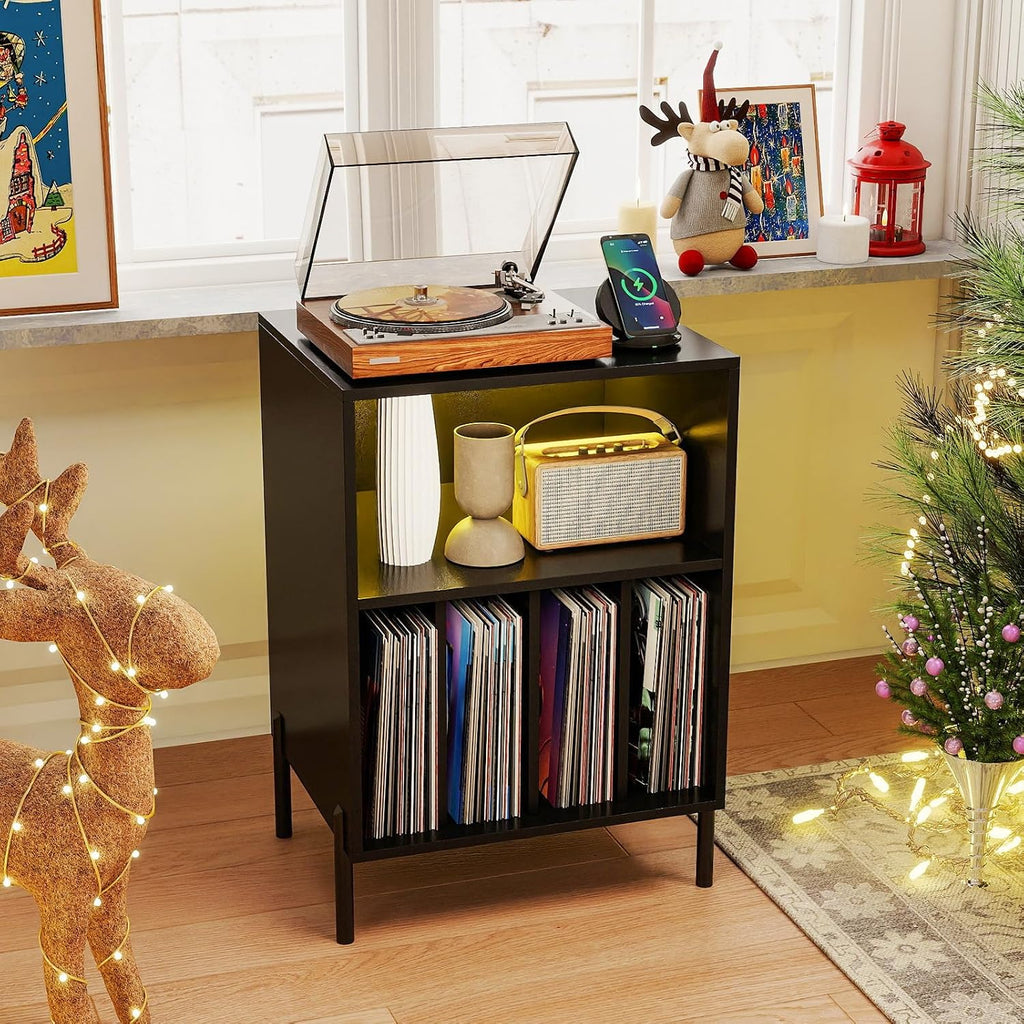 Giantex Record Player Stand with LED Lights & Charging Station, Turntable Stand with Record Holder, Record Player Table with Metal Legs, Vinyl Record Storage for Living Room, Music Room, Black