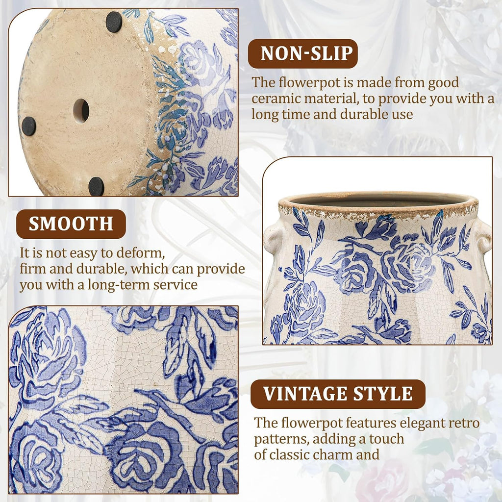 Ceramic Scroll Planter 6.5 Inch Chinoiserie Floral Vase with Drainage Holes Vintage Flower Vase Flower Pot Rustic Ceramic Pots for Indoor Plants Garden Home Bookshelf Decor (Blue)