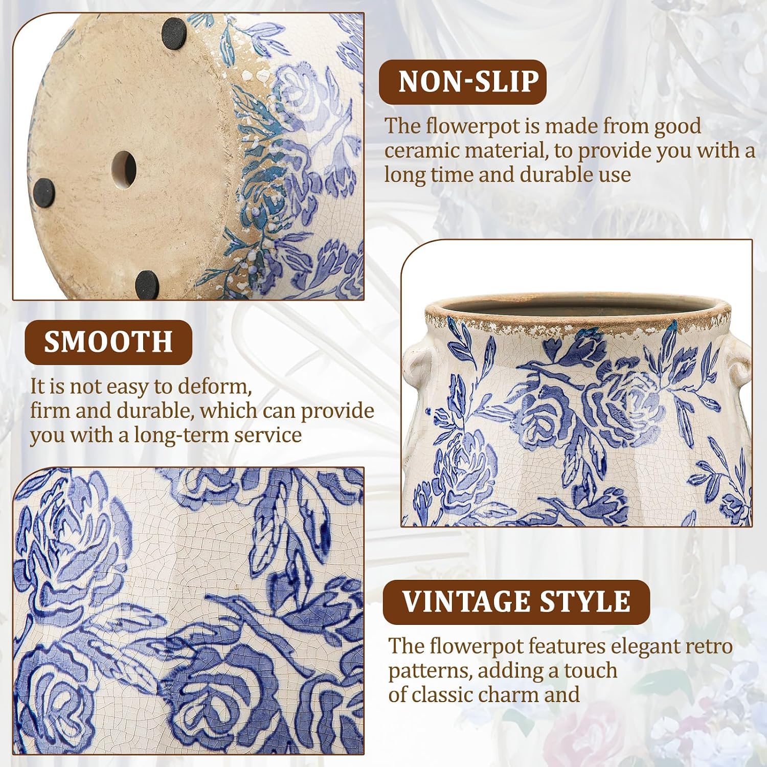 Ceramic Scroll Planter 6.5 Inch Chinoiserie Floral Vase with Drainage Holes Vintage Flower Vase Flower Pot Rustic Ceramic Pots for Indoor Plants Garden Home Bookshelf Decor (Blue)