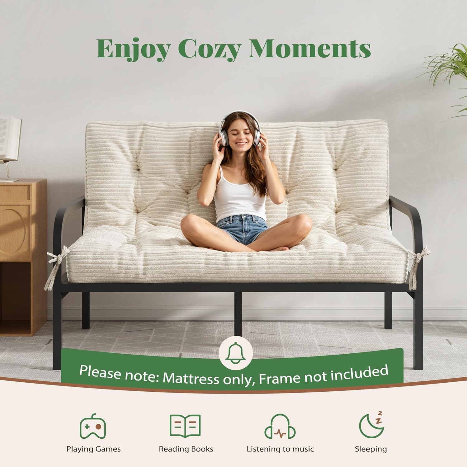 6" Futon Mattress Queen Size, Corded Fabric Floor Mattress with Straps, Foldable Japanese Tatami Mattress, Portable Sleeping Pad for Camping Guest Room Dormitory (Frame Not Included), Beige