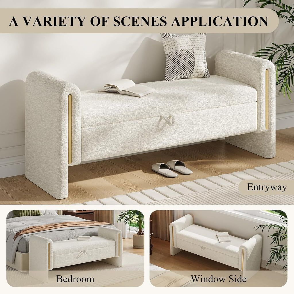 52" Storage Ottoman Bench, Teddy Upholstered End of Bed Bench with Pull-Ring, Storage Bench with Armrest, Window Bench Sturdy with Safety Hinge,Entryway Bench for Bedroom(Cream)