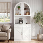 Polibi 75" Farmhouse Arched Pantry Cabinet with Charging Station, Adjustable Shelves, Open Countertop & Glass Racks, Tempered Glass Door & Barn Door, Coffee Bar Cabinet for Dining Room, White