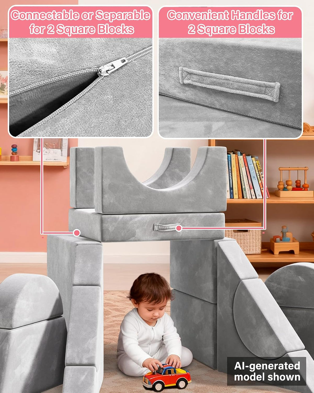 YEFU 15pcs Modular Kids Play Couch, Kids Couch for Toddler & Children, Toddler couches, Kid Couches Fort Building kit for Playroom Furniture, Kid Play Couches, Convertible Sofa for Boys & Girls, Grey