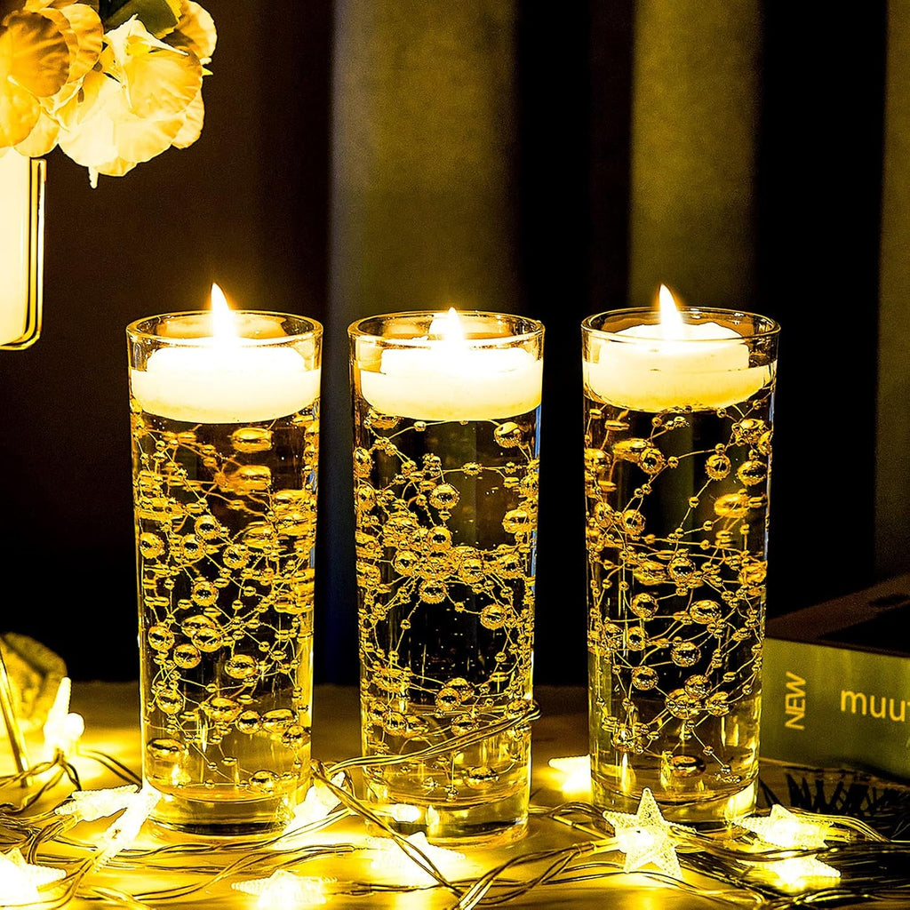 Tondiamo 24 Pcs Artificial Pearl String for Floating Candle Faux Pearls Beads String Garland Centerpiece Decoration for Vases Filler Wedding Spring Holiday Party Decor(Gold)