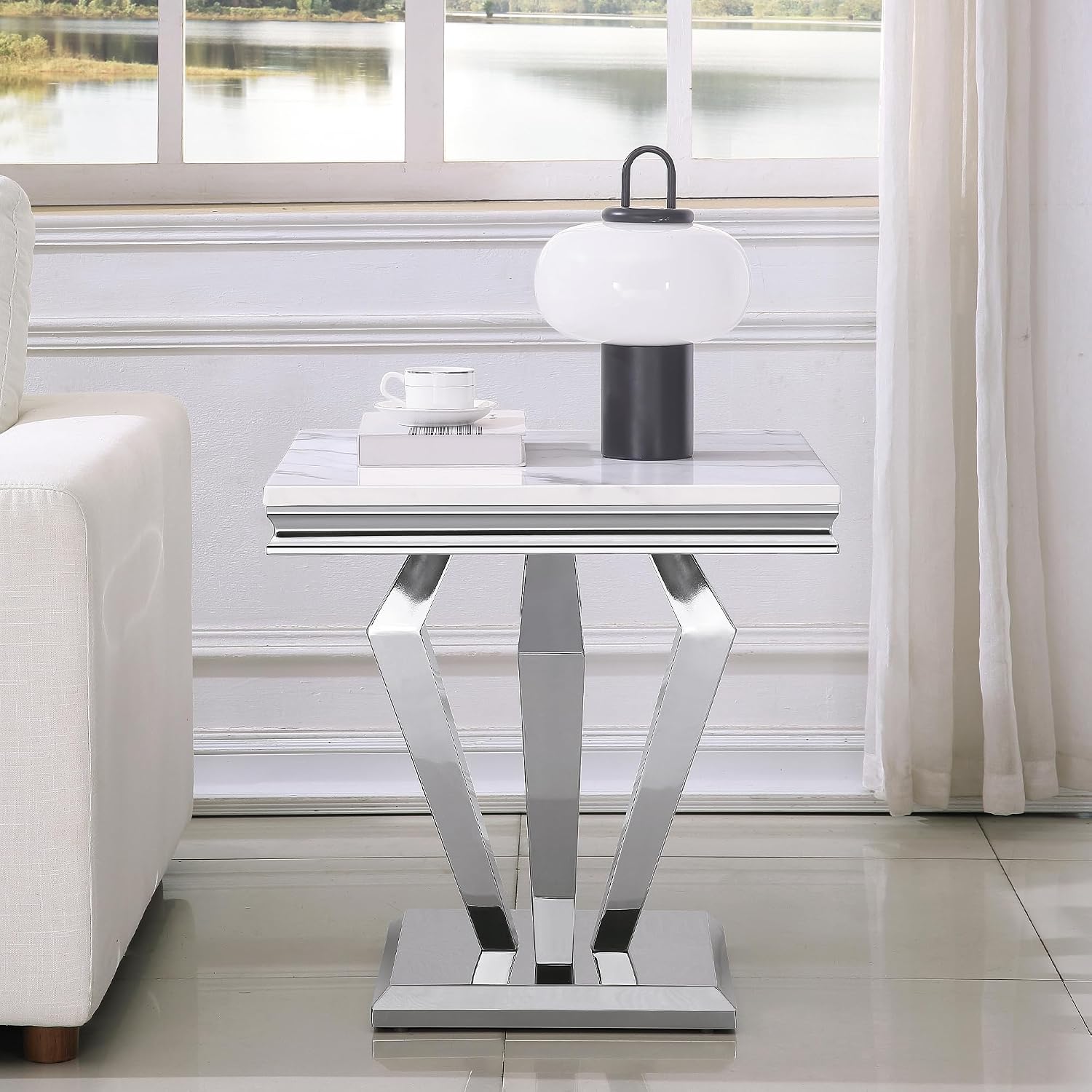 Faux Marble End Table, 23" Square White End Table with Faux Faux Marble Tabletop, Modern Sofa Side Table with Silver Stainless Steel Base & Mirrored Finish for Office Living Room