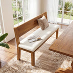 55" Solid Wood Entryway Bench Farmhouse Dining Bench with Backrest Long Window Bench with Cushion, Upholstered Storage Bench for Hallway Dining Room Bedroom, Sherpa White & Brown