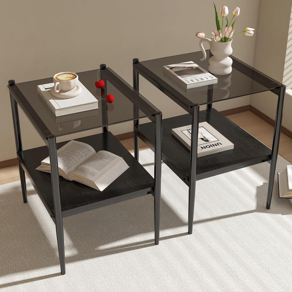 Glass end Table Set of 2,Living Room Glass Side Table,Glass Bedside Table,Suitable for Living Room, Bedroom