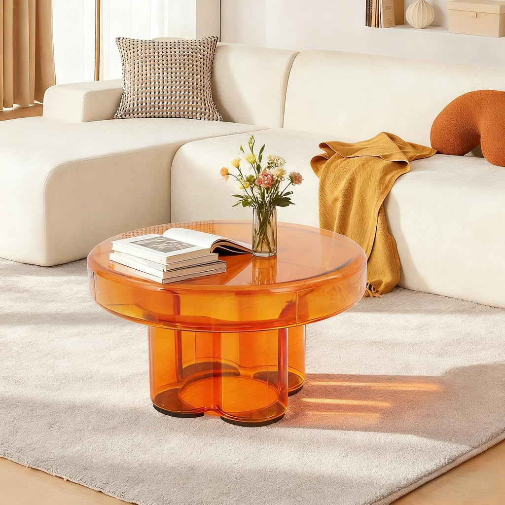 Coffee Table, Round Glass Side Table with Unique Petal Design Pedestal, Simple Center Tables, Modern End Tables with Tempered Glass-Base and Top for Small Spaces