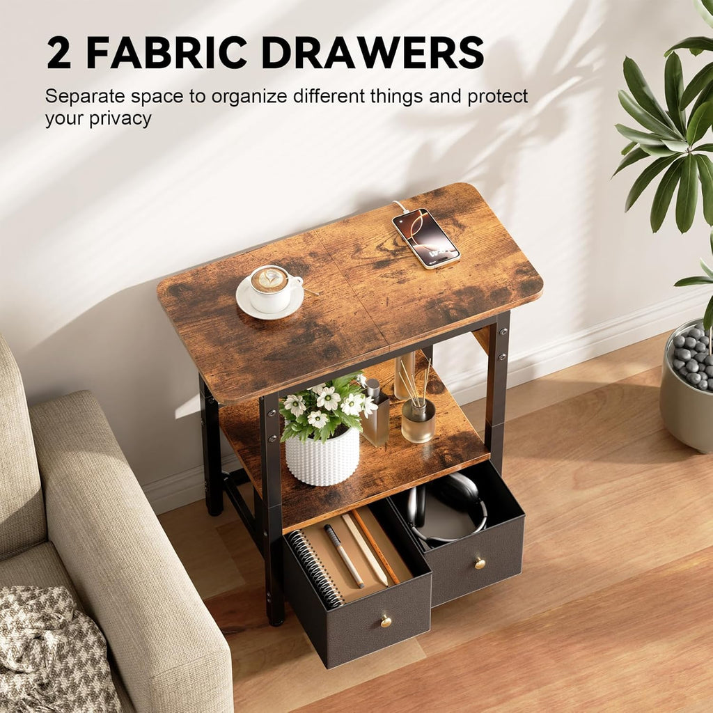 HLDIRECT 24" W End Table with Charging Station & USB Ports (Rustic Brown) | 2 Fabric Drawers & Storage Shelf ,Max Load 45 lbs, FSC-Certified MDF Wood, Metal Frame, Bedside Table for Small Space
