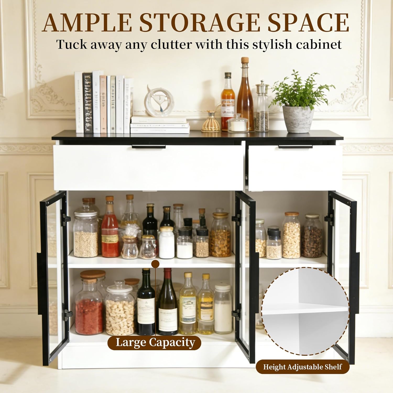 Buffet Cabinet with Drawers, Buffet Storage Cabinet with Transparent Glass Doors, Kitchen Supplies Storage Cabinet, Wooden Coffee Bar Table for Dining Room,Living Room Entrance, White