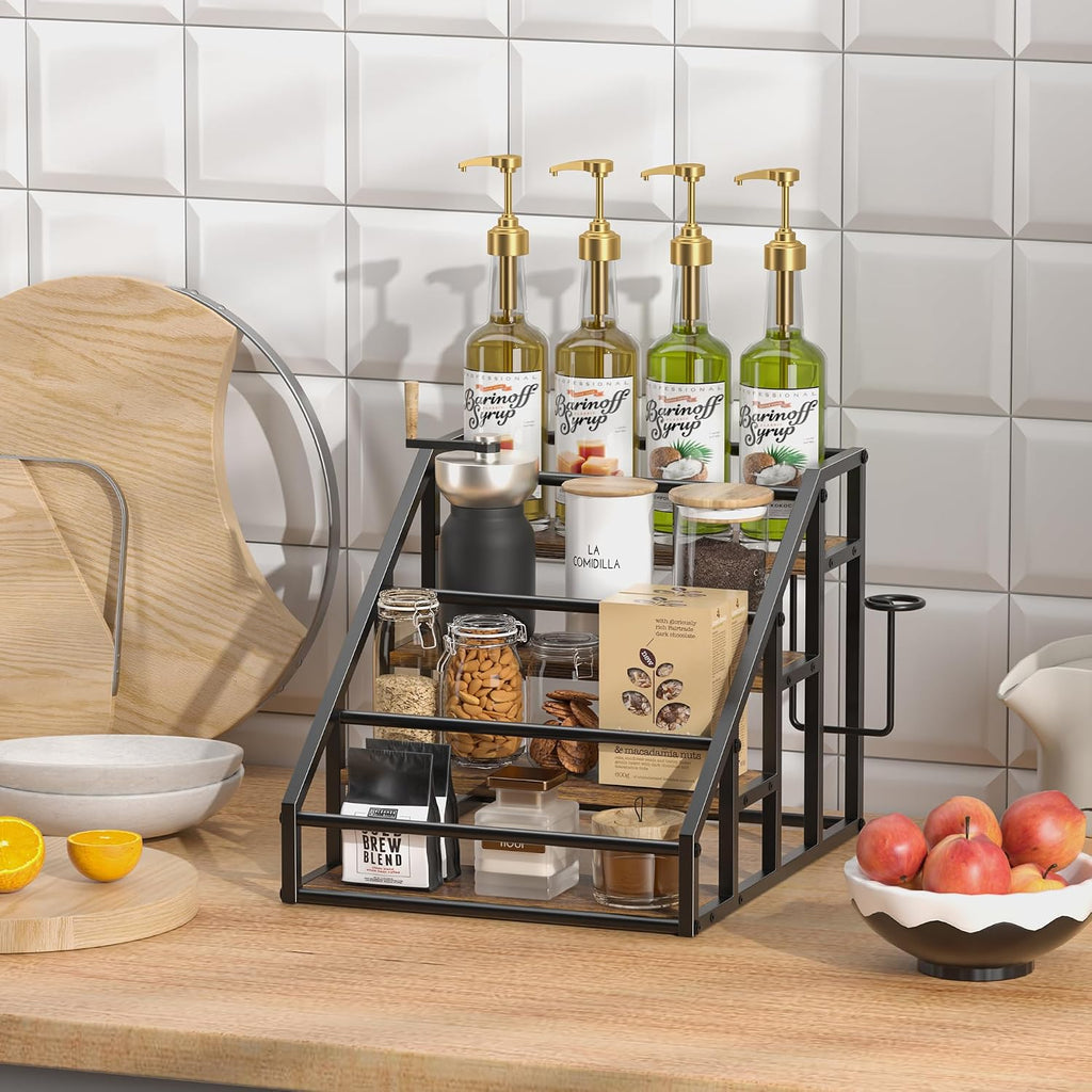 Coffee Syrup Rack Organizer, 4 Tier Countertop Storage Shelves, Kitchen Storage, 16 Syrup Bottle Stand Holder for Wine, Liquor, Kitchen Coffee Station Organizer Rack, 13.8"x16.9"x13.0", Rustic Brown