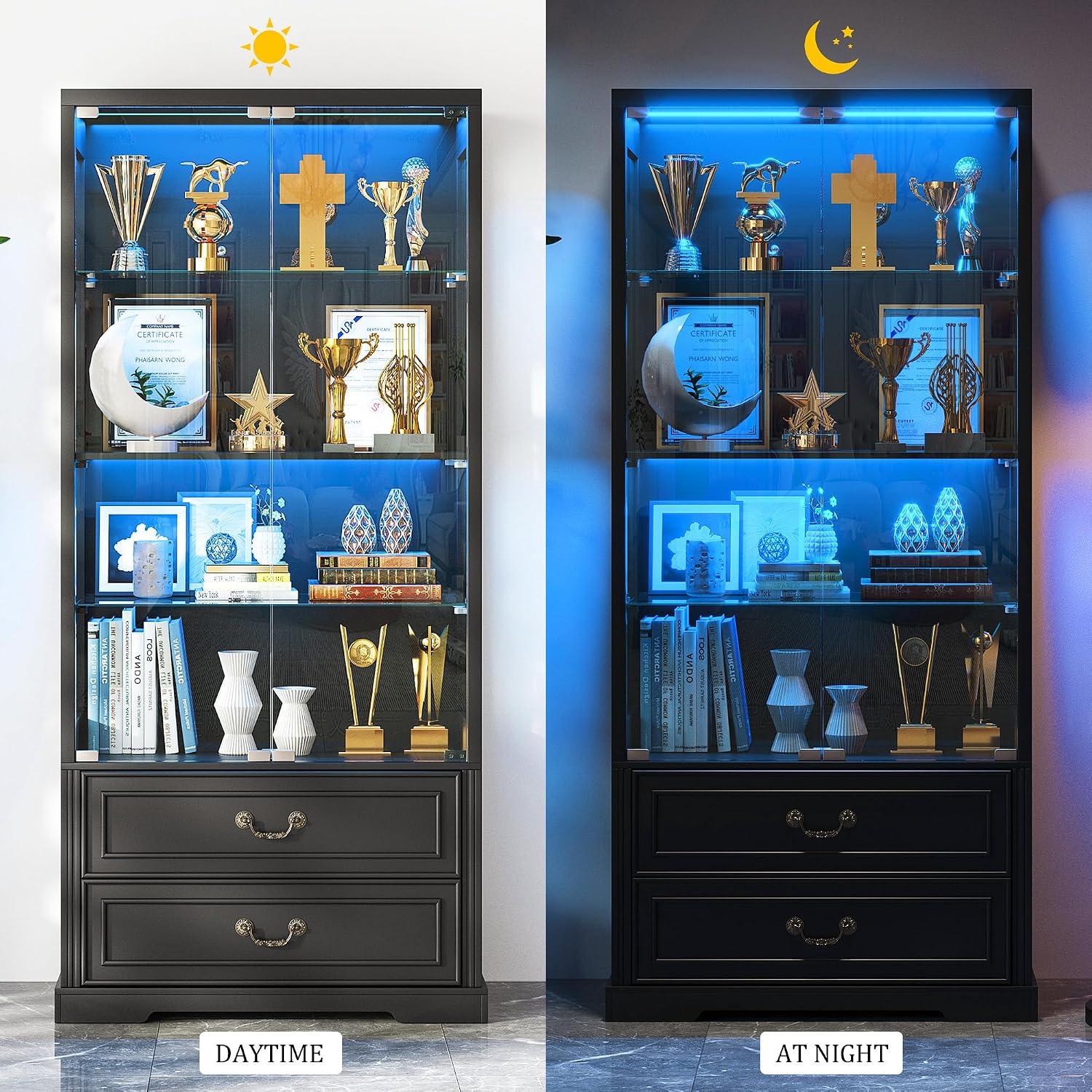 FREDEES Display Cabinet with Glass Doors,67" Adjustable Display Shelf with 2 Drawers and 4 Tier Curio Cabinet,Tall Bookcase with 3 Color Lights and Human Body Sensor for Toys,Books（Black）