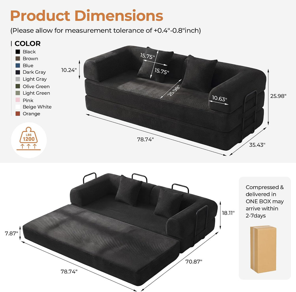 79'' Convertible Sofa Bed, 5-in-1 Folding Boneless Couch, Pull Out Floor Sleeper, Modular Lounge Sofa for Living Room Bedroom, Multi-Function Foldable Sofa (Black)