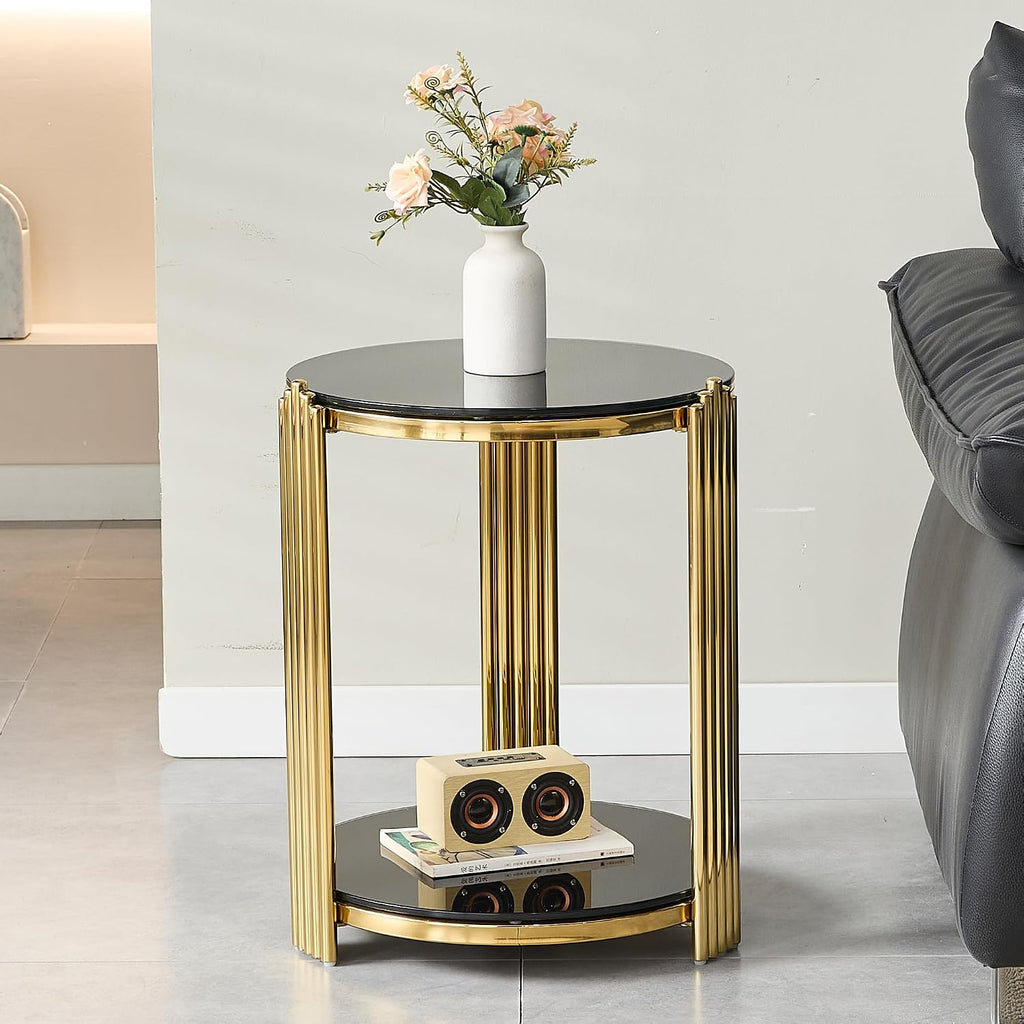 Glass Round End Table with 2-Tier Storage, Black Tempered Glass Top with Gold Stainless Steel Frame, Modern Living Room Side Table, Black Gold Accent Table, 80 LBS Capacity