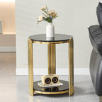 Glass Round End Table with 2-Tier Storage, Black Tempered Glass Top with Gold Stainless Steel Frame, Modern Living Room Side Table, Black Gold Accent Table, 80 LBS Capacity