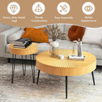 Giantex Boho Round Coffee Table Set of 2, Sofa Side Nesting Table with Solid Pine Wood Top, Metal Legs & Adjustable Foot Pads, 31.5" D Large Table Set for Living Room (Radial Pattern, Natural)