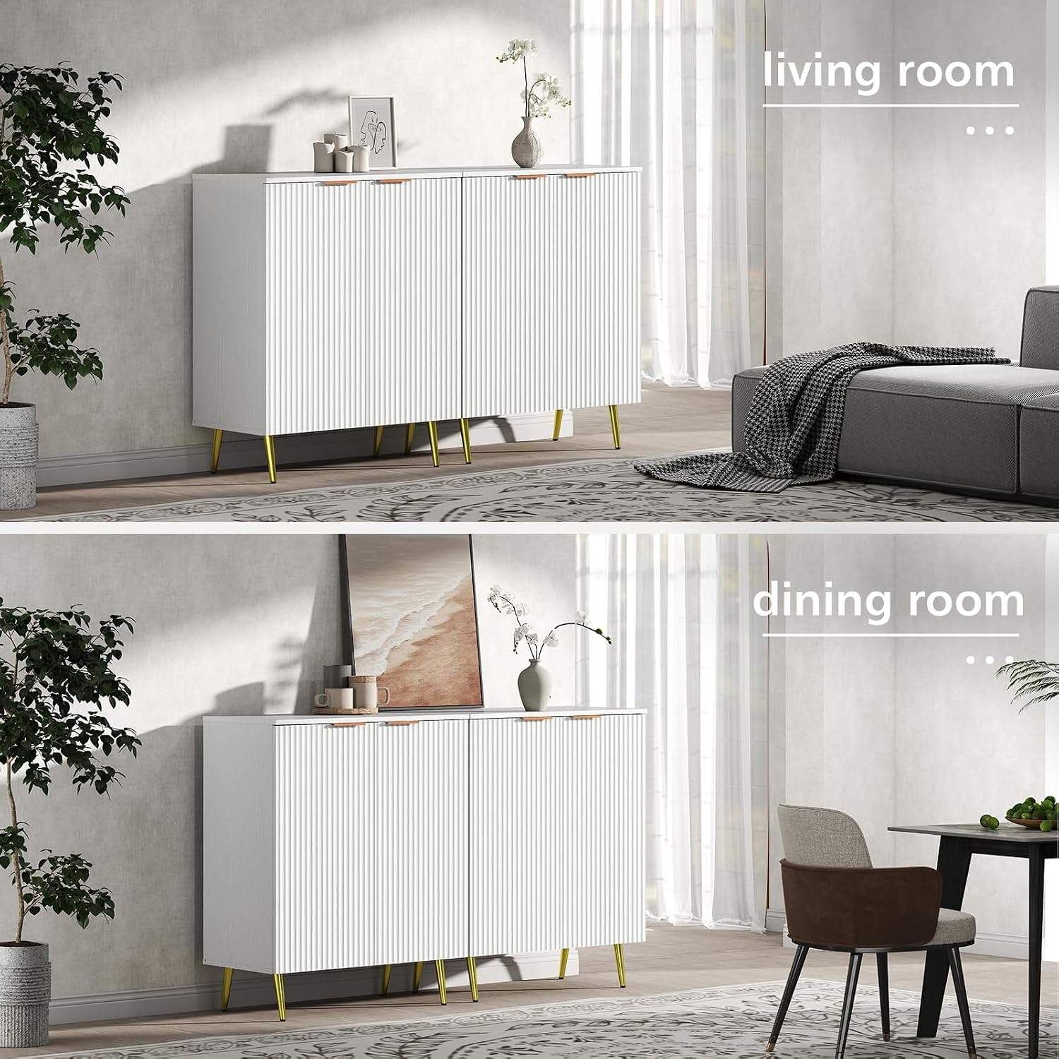 LubanNese Fluted Cabinet with Storage, Wooden Unique Sideboard Buffet Cabinet, 2 Doors Modern Furniture for Kitchen, Entryway, Living Room (Ivory, 2 PCS)