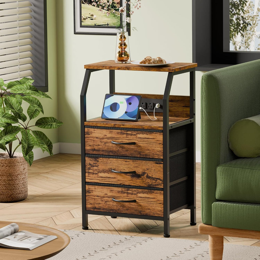 Furnulem Night Stand with Charging Station, 3 Fabric Drawers Bedside Table | Rustic Brown Dorm Nightstand For Bedroom, 28.3 Inch Tall, Usb Ports & Outlets, Side Table with Storage Shelf, 3 Ways to Use